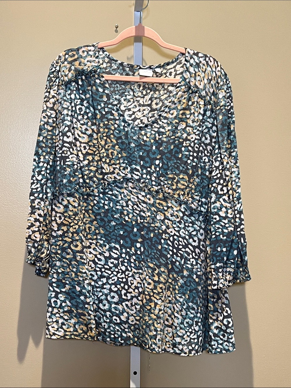 new directions Teal and Cream Leopard-Print Long Sleeve Dress